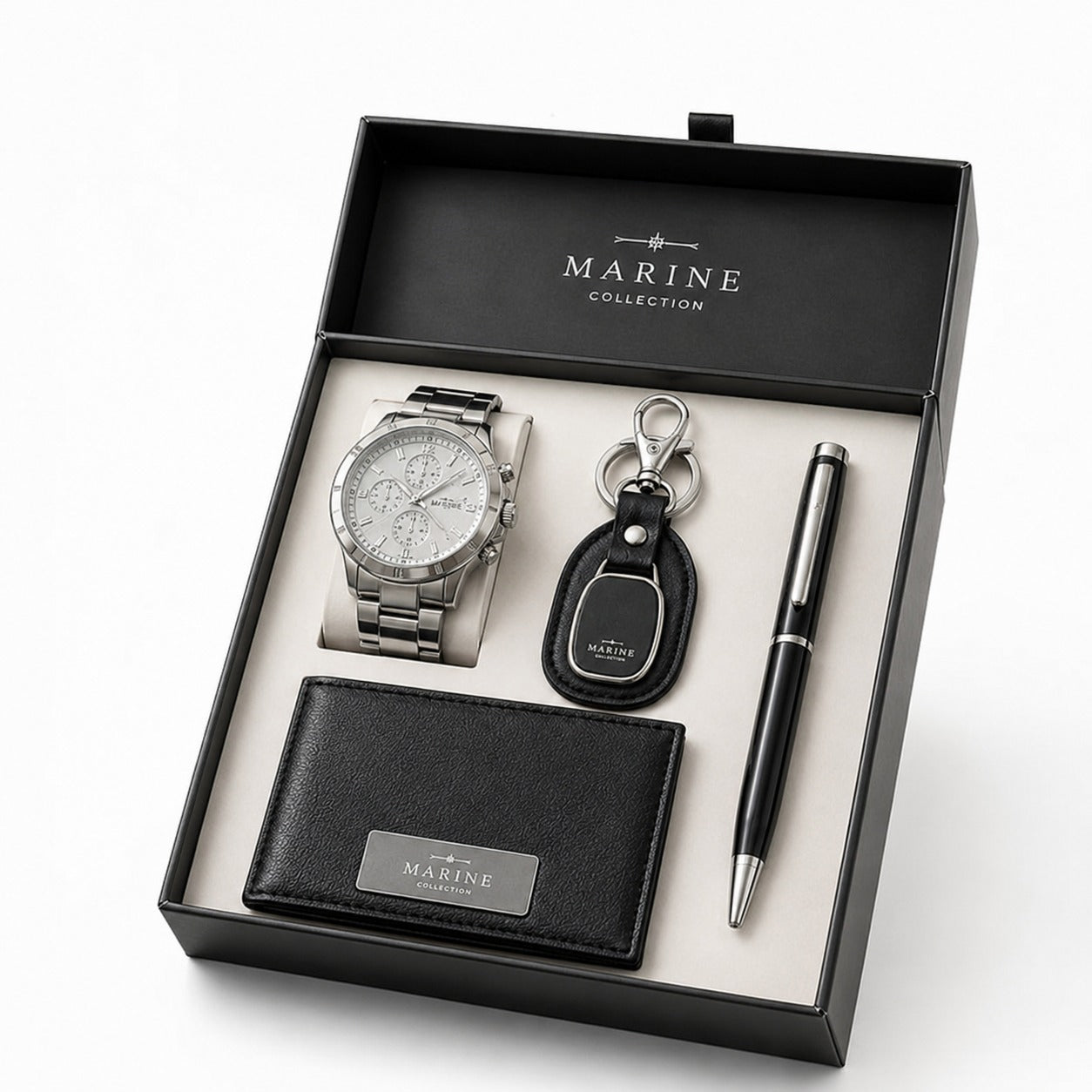 Set Hombre de Acero: Reloj, Billetera, Llavero y Lapicero + en estuche de regalo.