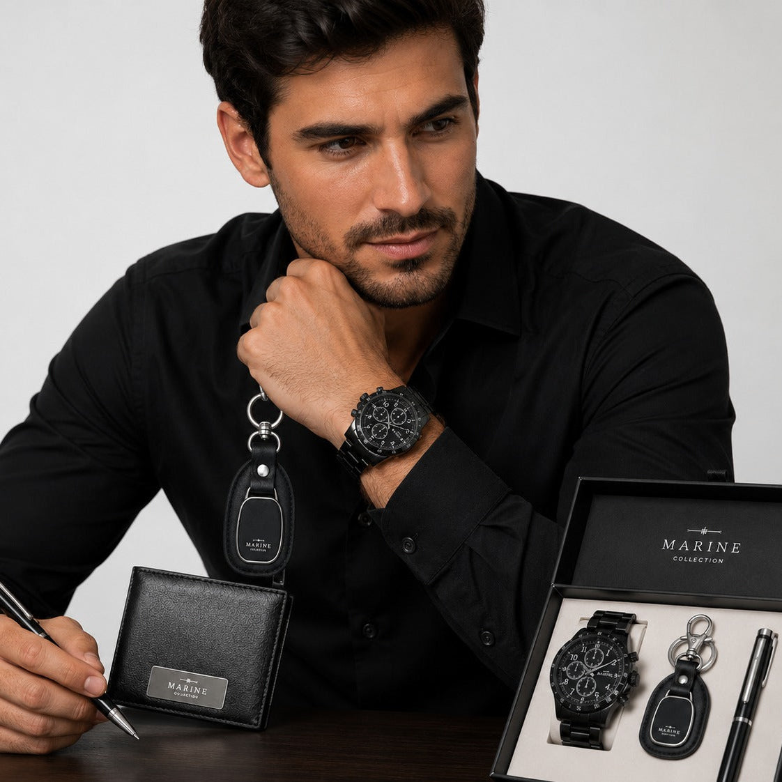 Set Hombre de Acero: Reloj, Billetera, Llavero y Lapicero + en estuche de regalo.