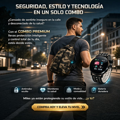 COMBO MISION URBANA:BOLSO TACTICO ANTIRROBO + RELOJ INTELIGENTE