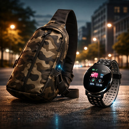 COMBO MISION URBANA:BOLSO TACTICO ANTIRROBO + RELOJ INTELIGENTE