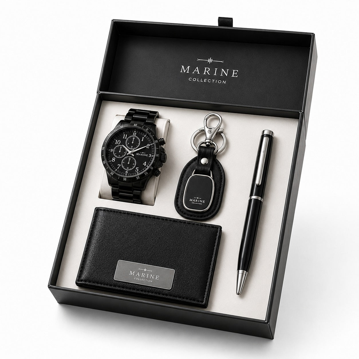 Set Hombre de Acero: Reloj, Billetera, Llavero y Lapicero + en estuche de regalo.