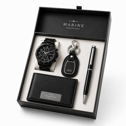 Set Hombre de Acero: Reloj, Billetera, Llavero y Lapicero + en estuche de regalo.