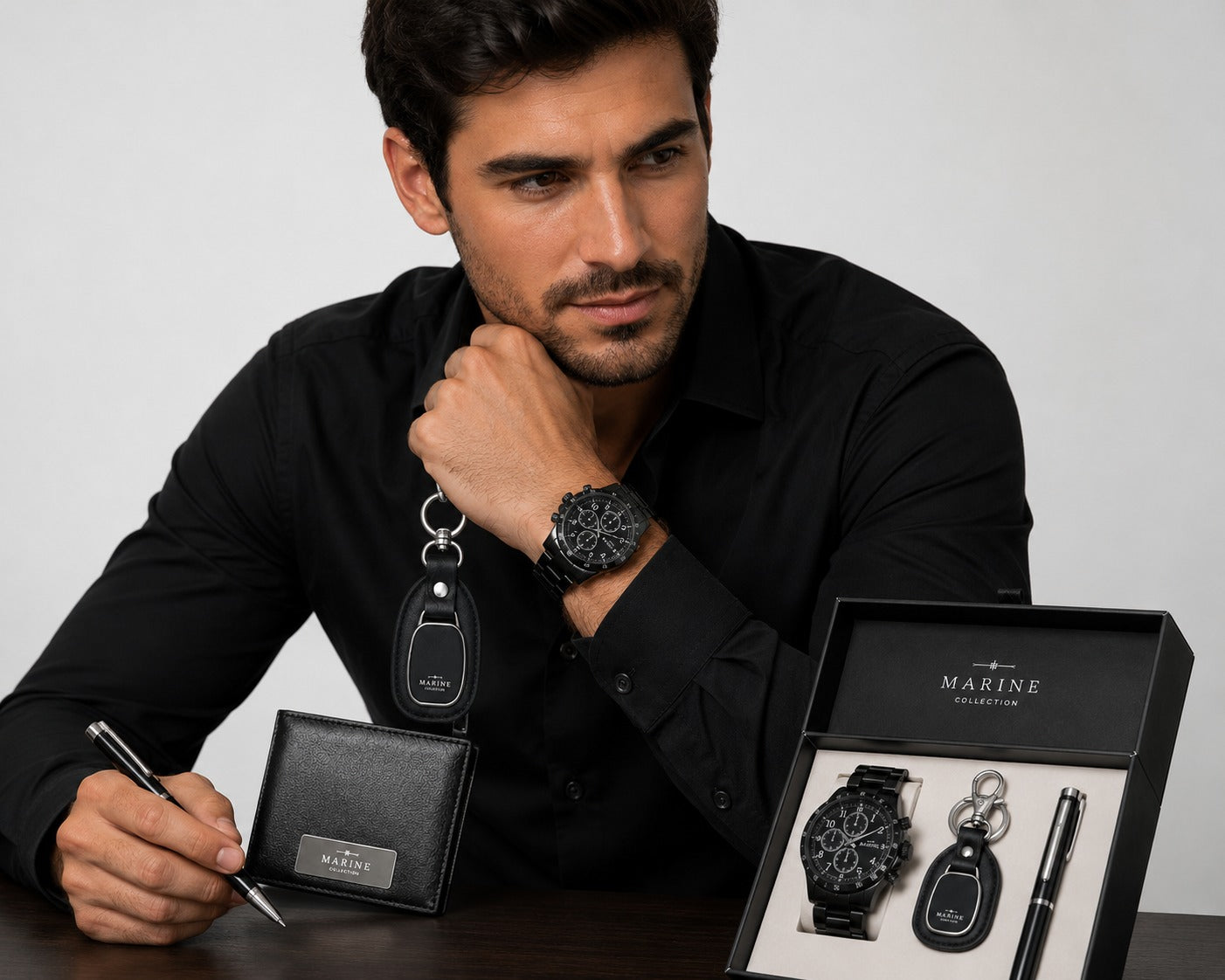 Set Hombre de Acero: Reloj, Billetera, Llavero y Lapicero + en estuche de regalo.