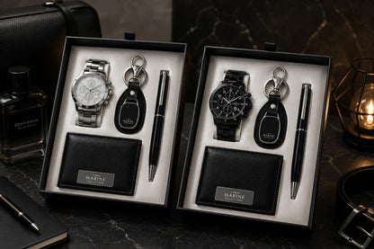 Set Hombre de Acero: Reloj, Billetera, Llavero y Lapicero + en estuche de regalo.
