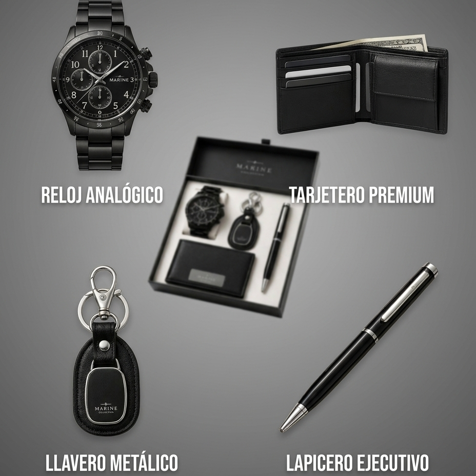 Set Hombre de Acero: Reloj, Billetera, Llavero y Lapicero + en estuche de regalo.