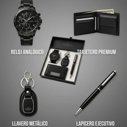 Set Hombre de Acero: Reloj, Billetera, Llavero y Lapicero + en estuche de regalo.