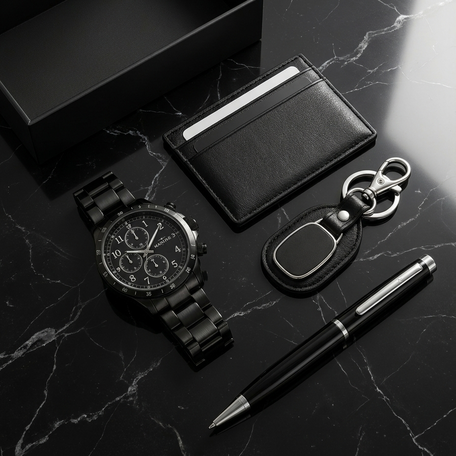 Set Hombre de Acero: Reloj, Billetera, Llavero y Lapicero + en estuche de regalo.
