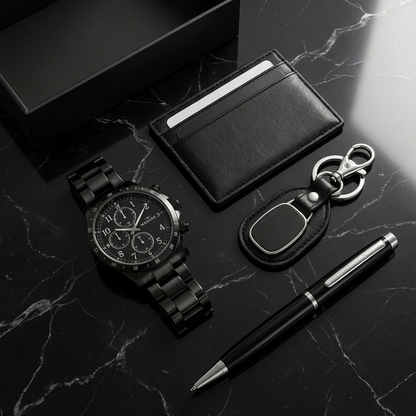 Set Hombre de Acero: Reloj, Billetera, Llavero y Lapicero + en estuche de regalo.