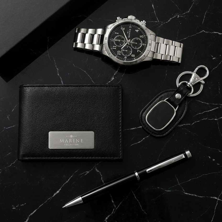 Set Hombre de Acero: Reloj, Billetera, Llavero y Lapicero + en estuche de regalo.