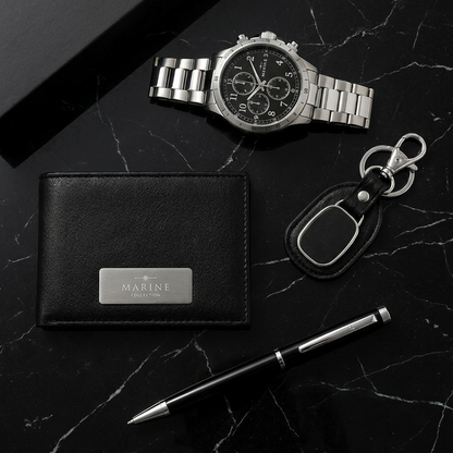 Set Hombre de Acero: Reloj, Billetera, Llavero y Lapicero + en estuche de regalo.